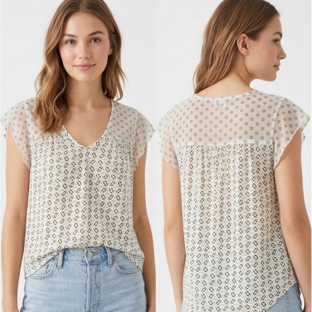 Lucky Brand Boho Sheer  Mesh Yoke Flutter Sleeve Print V-Neck Blouse M